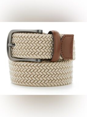 Original Penguin Beige Woven Stretch Belt with Brown Leather Trim
